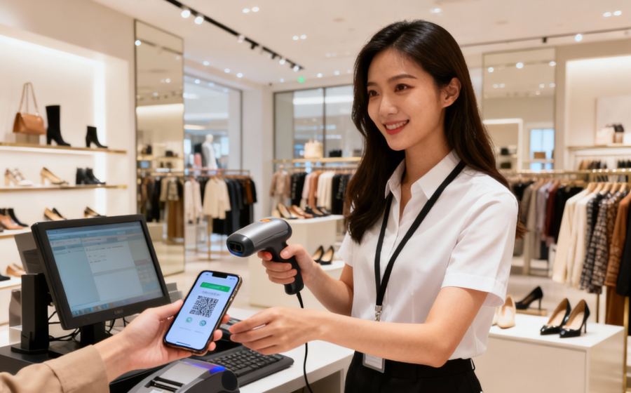 jimeng-2026-01-22-5512-时尚的鞋服门店收银场景，高清、明亮，高级感，美丽的收银员站在收银电脑前，背景是明....png